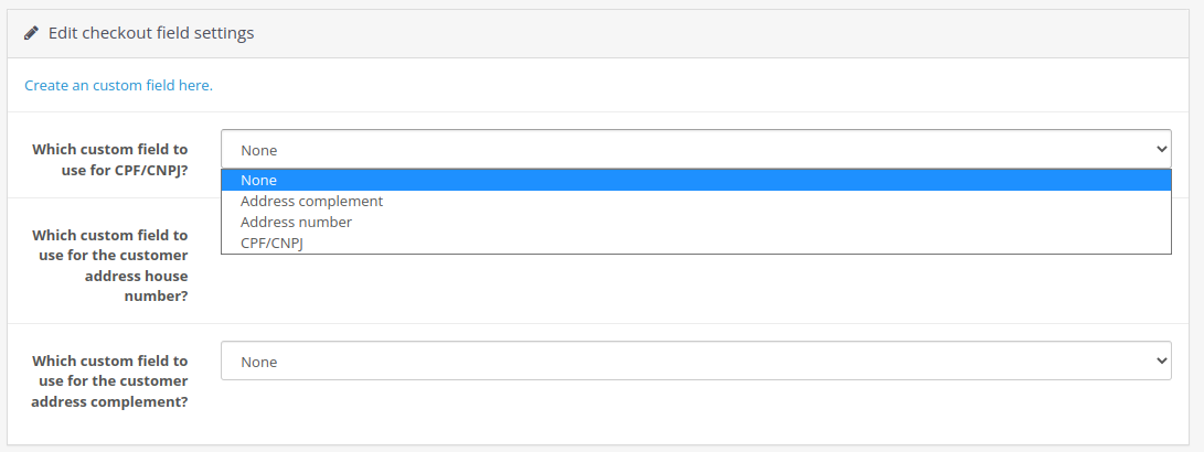 Configuração ou desativação do custom field